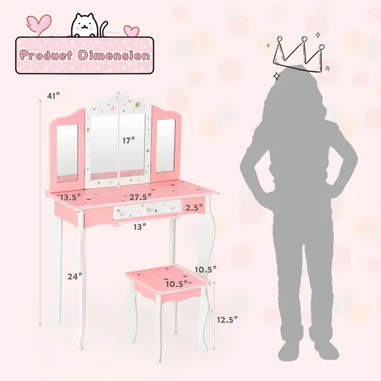Kids Vanity Princess Makeup Dressing Table Chair Set with Tri-folding Mirror Pink {4}