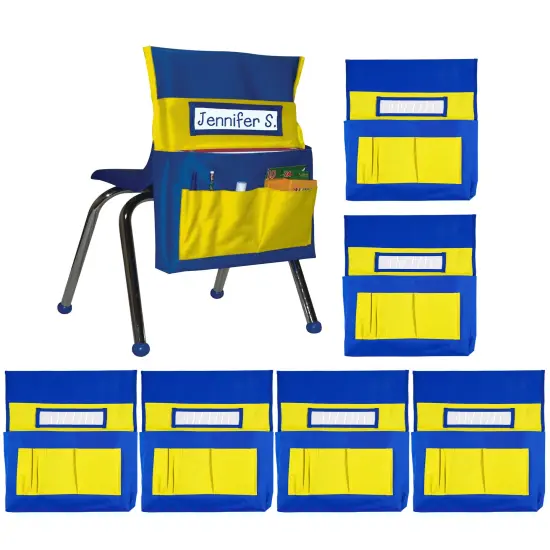 Carson Dellosa 6-Pack Yellow & Blue Chairback Buddy Pocket Chart Set, 15" x 19" Back of Chair School Supplies Pocket Organizer With Name Tag and 6 Chair Pockets for Classrooms, Classroom Organization {1}