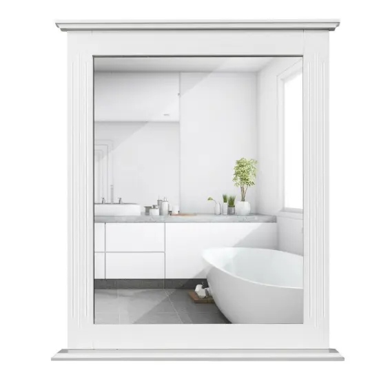 Space Saving Wall-Mounted Bathroom Vanity Mirror with Bottom Shelf Suitable for Any Room White {6}