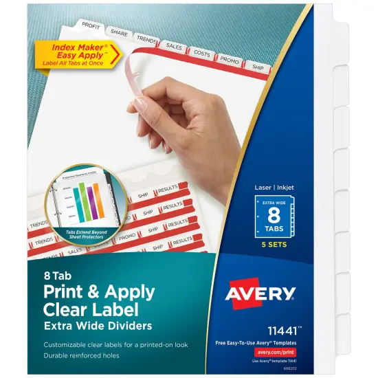 Avery 8 Tab Extra-Wide Dividers for 3 Ring Binder, Perfect for Use with Sheet Protectors, Easy Print & Apply Clear Label Strip, Index Maker Customizable White Tabs, 5 Sets (11441) {1}