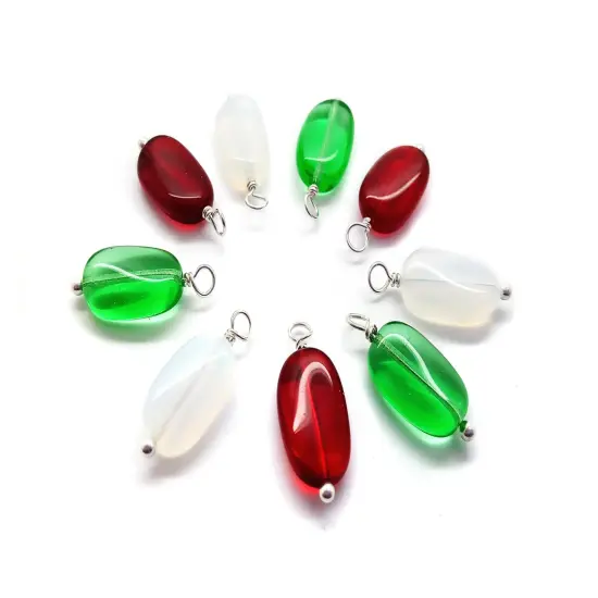 Glass Bead Charms in Christmas Colors, 10 pieces, Twisted Oval Dangles in Red Green & White, Adorabilities {3}