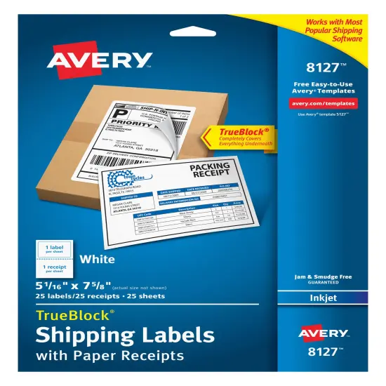 Avery Shipping Labels w/Paper Receipts and TrueBlock Technology for Inkjet Printers 5-1/16 x 7-5/8, Pack of 25 (8127) {1}