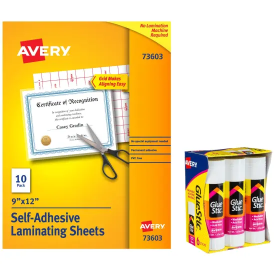 Avery School Supplies Set Bundle, 10 Clear Self-Laminating Sheets, 8 Washable Glue Sticks, Great for Back to School, Office Supplies, and Home Use (01684) {1}