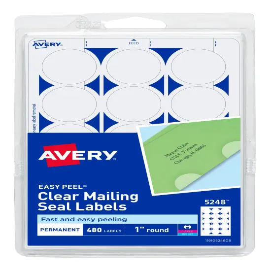 Avery Mailing Seals, Permanent Adhesive, Clear, 1" Diameter, 480 Labels (5248) {1}