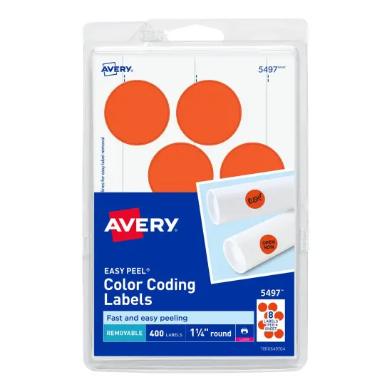 Avery Printable Color-Coding Labels, Removable Adhesive, 1-1/4" Round, Neon Red, 400 Labels (5497) {1}