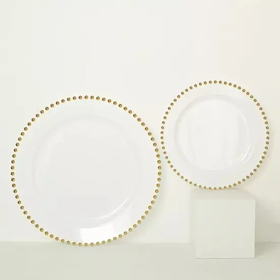 WHITE GOLD 10 Round 10" Plastic Salad PLATES Beaded Rim Party Events Decorations {2}