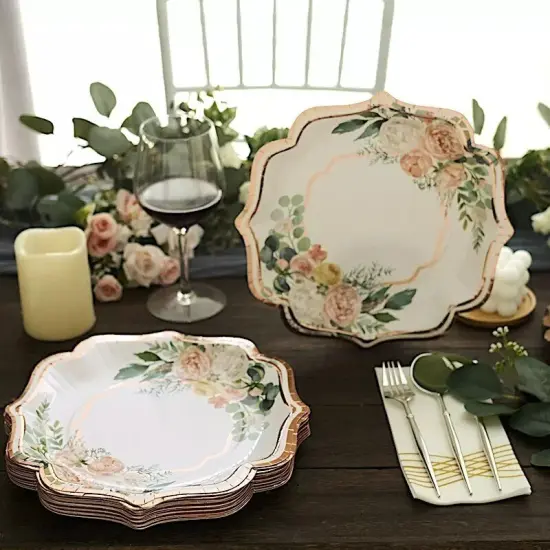25 WHITE 10" Floral Paper Salad DINNER PLATES ROSE GOLD Scallop Rim Party Events {4}