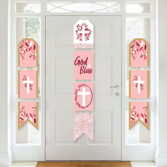 Big Dot of Happiness Pink Elegant Cross - Hanging Vertical Paper Door Banners - Girl Religious Party Wall Decoration Kit - Indoor Door Decor {1}