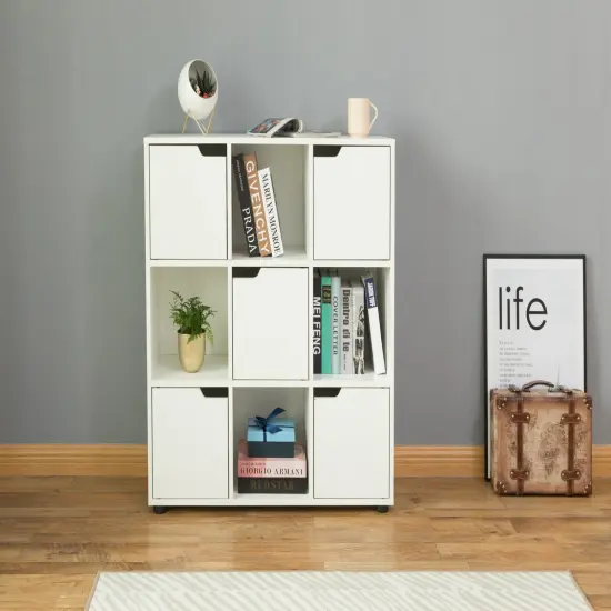 9 Cube Wooden Organizer With 5 Enclosed Doors and 4 Shelves Oak {10}