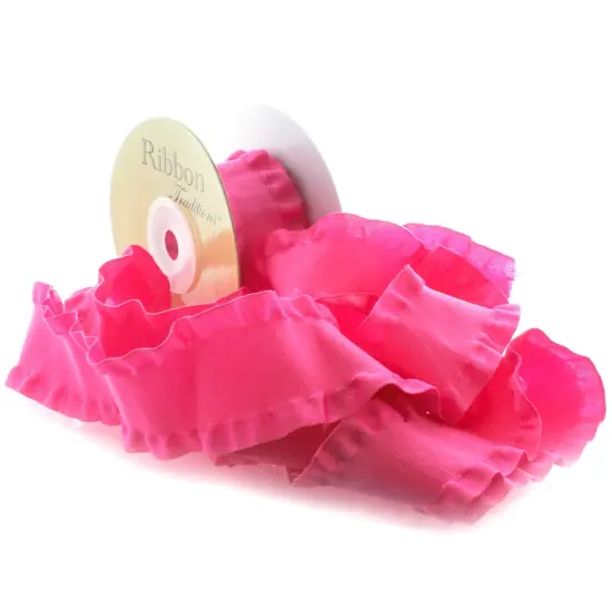 1.5" Satin Double Ruffle Edge Ribbon Hot Pink {1}