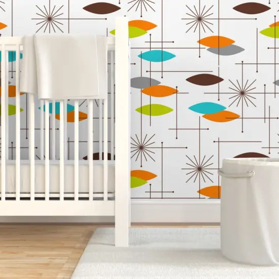 Pre-Pasted Wallpaper 2FT Wide Mid Century Modern, Orbs, Large Scale, Starburst, Atomic, Mcm, Retro, Space Age, Brown, Burnt Orange, Blue, Lime Green Custom Pre-pasted Wallpaper by Spoonflower {7}