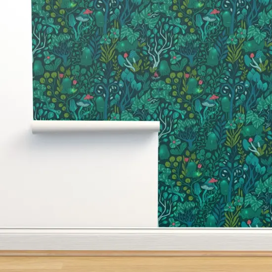 Peel & Stick Wallpaper 2FT Wide Emerald Forest Fairy Woodland Creatures Green Nature Trees Crystals Magical Mystical Custom Removable Wallpaper by Spoonflower {2}
