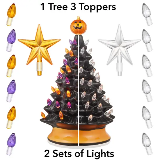 Casafield Hand-Painted Ceramic Halloween Tree, 15-Inch Pre-Lit Decoration with 128 Multi-Color Lights, Jack-O-Lantern and Star Toppers {2}