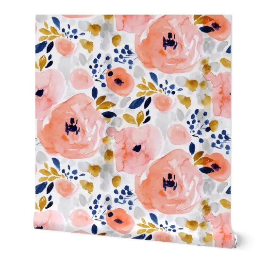 Peel & Stick Wallpaper 2FT Wide Peachy Pink Floral Roses Romantic Navy Mustard Gold Watercolor Blush Coral Custom Removable Wallpaper by Spoonflower {7}