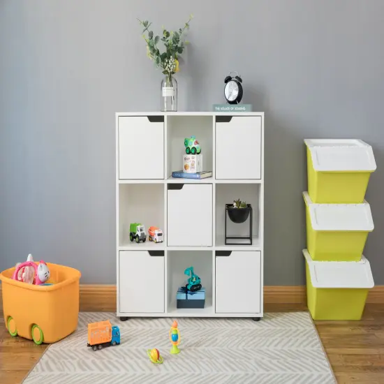 9 Cube Wooden Organizer With 5 Enclosed Doors and 4 Shelves White {2}