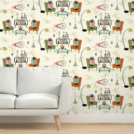 Pre-Pasted Wallpaper 2FT Wide Mid Century Modern Retro Cats 1950S Inspired Atomic Age Vintage Style Custom Pre-pasted Wallpaper by Spoonflower {5}