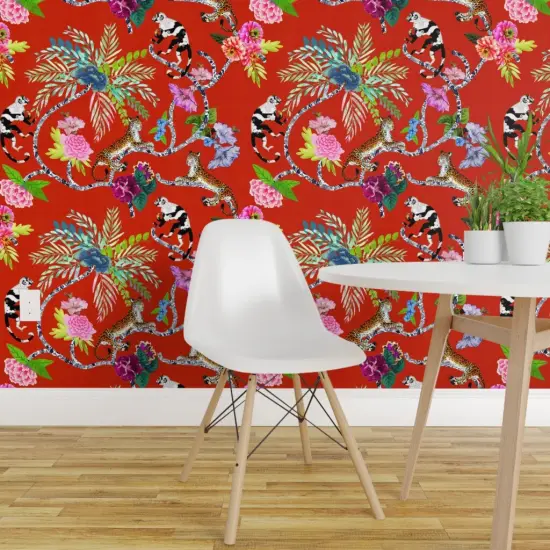 Pre-Pasted Wallpaper 2FT Wide Chinoiserie Maximalist Red Whimsical Monkey Tropical Leopard Botanical Custom Pre-pasted Wallpaper by Spoonflower {1}