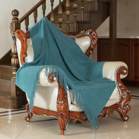 Decorative Throw Blanket - 50x60in Soft Knit with Delightful Fringe Edges for a Sophisticated and Cozy Touch to Your Living Space Lightweight, Breathable, Easy Care, Versatile, All-Season, Ideal for Lounging, Gifting Blue {5}