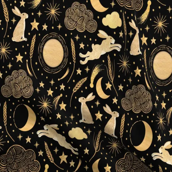 Various Fabrics by the Yard or Fat Quarter Black Rabbit Stars Clouds Gold Wheat Night Sky Harvest Moon Crescent Shooting Star Hares Comet Custom Printed Fabric by Spoonflower {5}