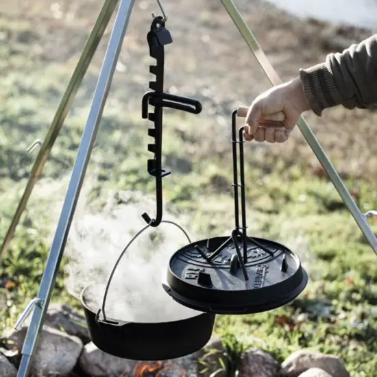 Petromax Professional Lid Lifter for Dutch Ovens, Outdoor Camping Utensil for Handling Hot Campfire Cookware Lids, 14" Long, Steel and Wood, Clamping {4}