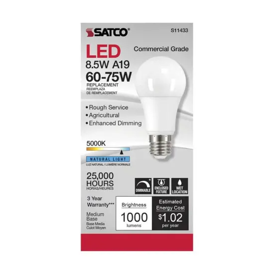 Satco 8.5w A19 LED Commercial Grade Agriculture Bulb 5000K 120v - 75w-equiv Natural Light {2}