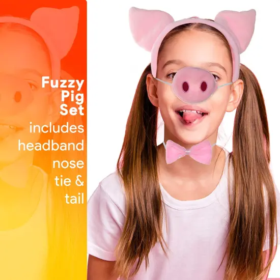 Pig Costume Accessories Set - Fuzzy Pink Pig Ears Headband, Bowtie, Snout and Tail Accessory Kit for Piglet Costumes for Toddlers and Kids {2}