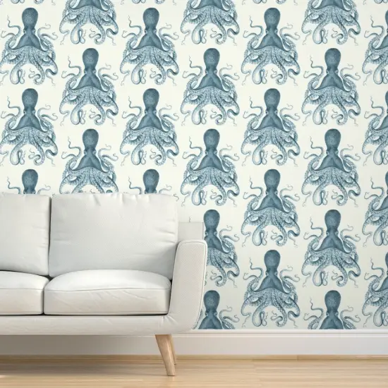 Pre-Pasted Wallpaper 2FT Wide Octopus Sea Coastal Nautical Vintage Beach Summer Animal Custom Pre-pasted Wallpaper by Spoonflower {5}