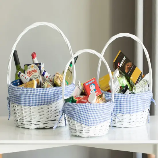White Round Willow Gift Basket, with Gingham Liner and Handles Blue {9}