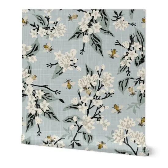 Peel & Stick Wallpaper 2FT Wide Flowers On Blue White Floral Traditional Honeybee Farmhouse Faux Texture Citrus Custom Removable Wallpaper by Spoonflower {7}