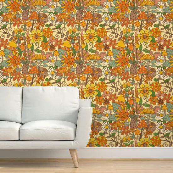 Peel & Stick Wallpaper 2FT Wide Vintage Hippy Floral Earth Tones mushrooms s Retro 70S 60S Toadstools Vintage Nostalgic Flower Power Custom Removable Wallpaper by Spoonflower {5}