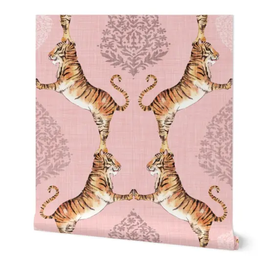 Pre-Pasted Wallpaper 2FT Wide Pink Paisley Tiger Bohemian India Pale Damask Water Color Animal Print Custom Pre-pasted Wallpaper by Spoonflower {4}