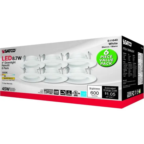 6Pk - Satco 8.7w LED 4-in 3000K Warm White Downlight Retrofit {4}