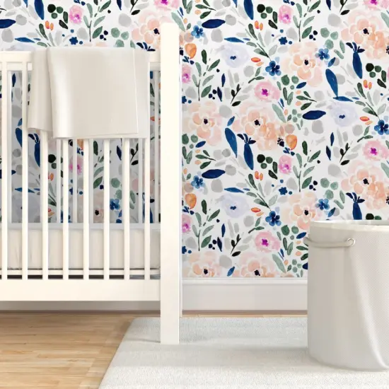 Pre-Pasted Wallpaper 2FT Wide Pastel Floral Watercolor Garden Flowers Bohemian Girly Botanical Custom Pre-pasted Wallpaper by Spoonflower {7}