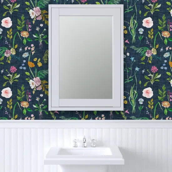 Pre-Pasted Wallpaper 2FT Wide Floral Summer Daisy Navy Blue Flowers Rose Vintage Custom Pre-pasted Wallpaper by Spoonflower {6}