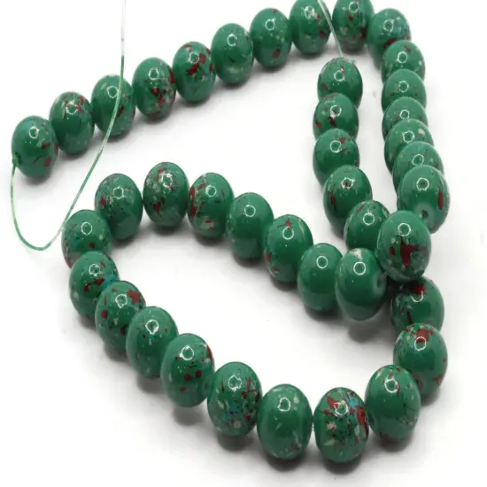 40 10mm Green and Red Splatter Paint Smooth Round Glass Beads {4}