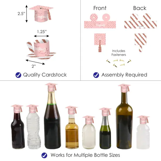 Big Dot of Happiness Rose Gold Grad - DIY Grad Cap Graduation Party Bottle Topper Decorations - Set of 20 {4}