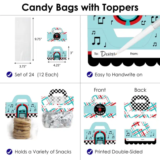Big Dot of Happiness 50's Sock Hop DIY 1950s Rock N Roll Party Clear Goodie Favor Bag Labels Candy Bags with Toppers Set of 24 {4}