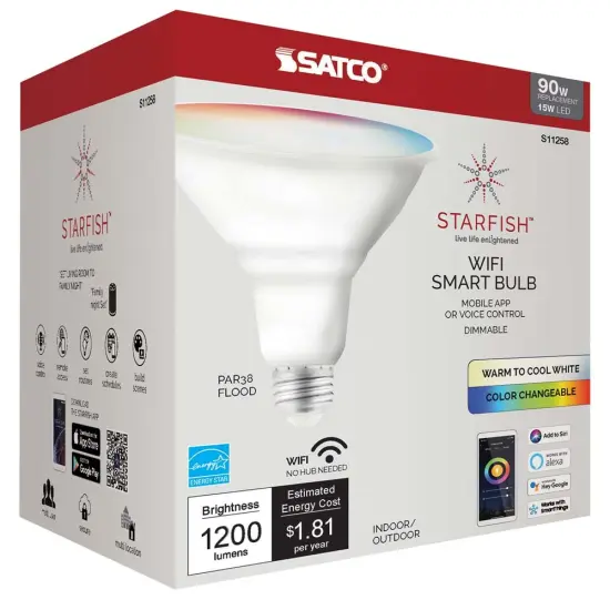 Satco 15w PAR38 LED RGB & Tunable White 1200 Lumens Starfish IOT Smart Bulb {3}