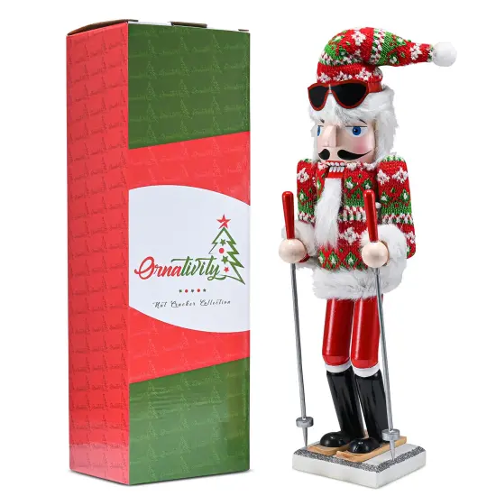 Ornativity Christmas Skier Man Nutcracker &ndash; Red and Green Wooden Nutcracker Guy with Ugly Sweater and Ski Sticks in Skiing Pose Xmas Themed Holiday Nut Cracker Doll Figure Decorations {6}