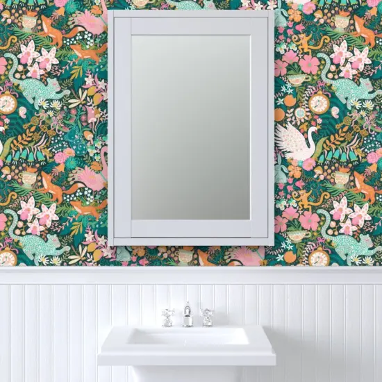 Pre-Pasted Wallpaper 2FT Wide Tea Time Teal Turquoise Keys Citrus Monkey Flamingo Swan Fox Custom Pre-pasted Wallpaper by Spoonflower {6}