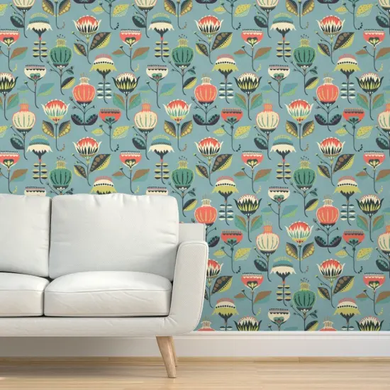 Pre-Pasted Wallpaper 2FT Wide Mod Floral Folk Art Retro Botanical Scandinavian Garden Custom Pre-pasted Wallpaper by Spoonflower {5}