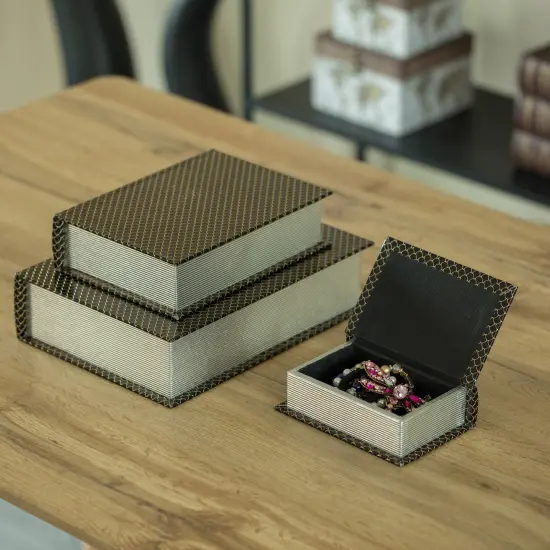 Set of 3 Velvet Vintage Storage Wooden Antique Classic Decorative Book Box Holder Black {2}