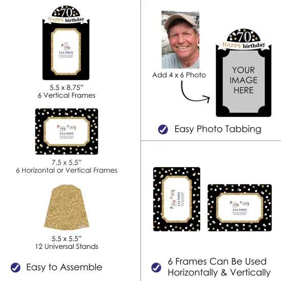 Big Dot of Happiness Adult 70th Birthday - Gold - Birthday Party 4x6 Picture Display - Paper Photo Frames - Set of 12 {4}