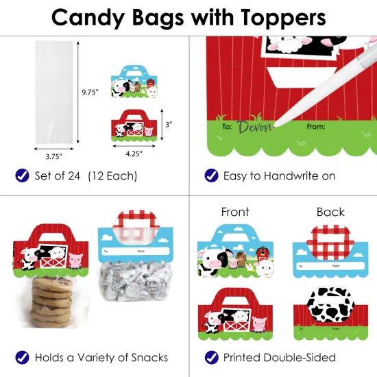 Big Dot of Happiness Farm Animals - DIY Barnyard Baby Shower or Birthday Party Clear Goodie Favor Bag Labels - Candy Bags with Toppers - Set of 24 {4}