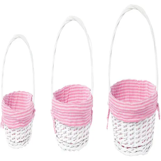 White Round Willow Gift Basket, with Gingham Liner and Handle Pink {12}