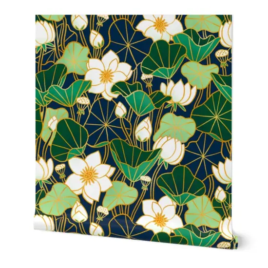Peel & Stick Wallpaper 2FT Wide Lotus Flowers Lily Pad Art Nouveau Vintage Style Nature Victorian Custom Removable Wallpaper by Spoonflower {4}