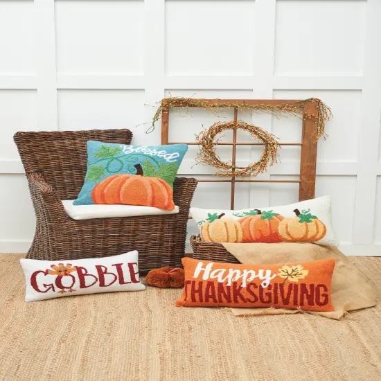 "Happy Thanksgiving" Leaf Hooked Long Accent Pillow 12" x 24" {4}