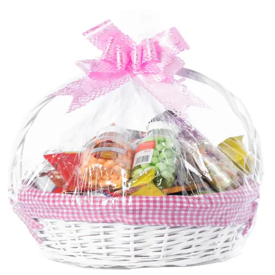 White Round Willow Gift Basket, with Gingham Liner and Handle Pink {2}