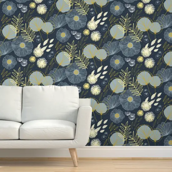 Pre-Pasted Wallpaper 2FT Wide Mod Firefly Botanical Blooms Night Garden Dark Meadow Midcentury Modern Custom Pre-pasted Wallpaper by Spoonflower {5}