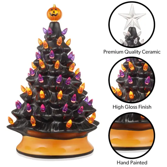 Casafield Hand-Painted Ceramic Halloween Tree, 15-Inch Pre-Lit Decoration with 128 Multi-Color Lights, Jack-O-Lantern and Star Toppers {4}